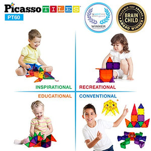 PicassoTiles 60 Piece Set 60pcs Magnet Building Tiles Clear Magnetic 3D Building Blocks Construction Playboards - Creativity beyond Imagination, Inspirational, Recreational, Educational, Conventional