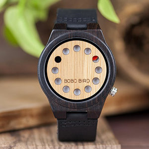 12 Hole Designed Men's Bamboo Watch with Black Cowhide Strap