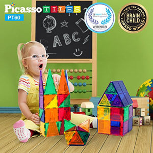 PicassoTiles 60 Piece Set 60pcs Magnet Building Tiles Clear Magnetic 3D Building Blocks Construction Playboards - Creativity beyond Imagination, Inspirational, Recreational, Educational, Conventional