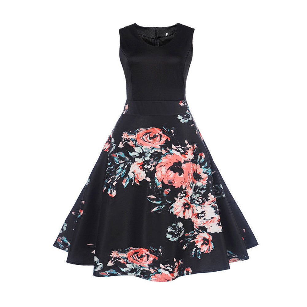 Vintage Black and Pink Floral Sleeveless Swing Dress